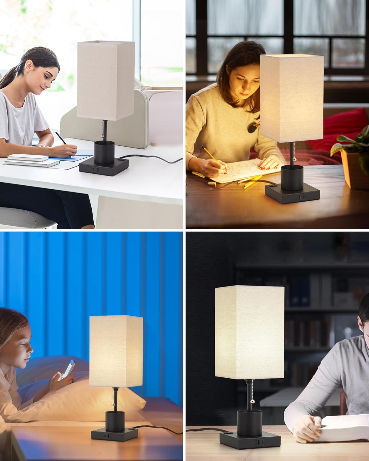 Black Table Lamp Pull Chain with Pen Holder and Fabric Shade, Bedside Lamp with 1 USB Charging Port (A+C) and 1 Outlet, Nightstand Lamp for Bedroom, Living Room