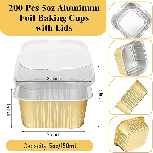Miniatura 3 de 200 tazas de papel de aluminio para hornear de 5 onzas con tapas, recipientes de papel de aluminio de 5.1 fl oz para cupcakes, moldes desechables,