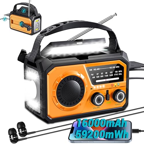 Miniatura 7 de Radio de emergencia con manivela solar de 16000 mAh/59200 mWh, radio meteorológica inalámbrica NOAA AM/FM con carga USB-C/Tipo-C, 3 modos de luz,
