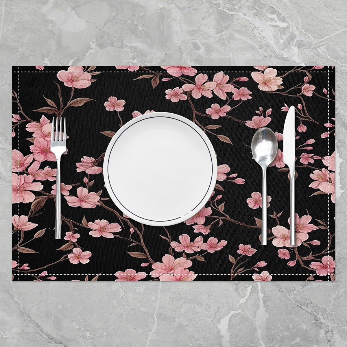 Feelyou Flower Placemat for Kitchen Dining Table Decor Indoor Outdoor 18"x12" Vintage Flower Placemats Set of 4 for Botanical Floral Printed Bedding Table Place Mats Set Black and Pink image 2