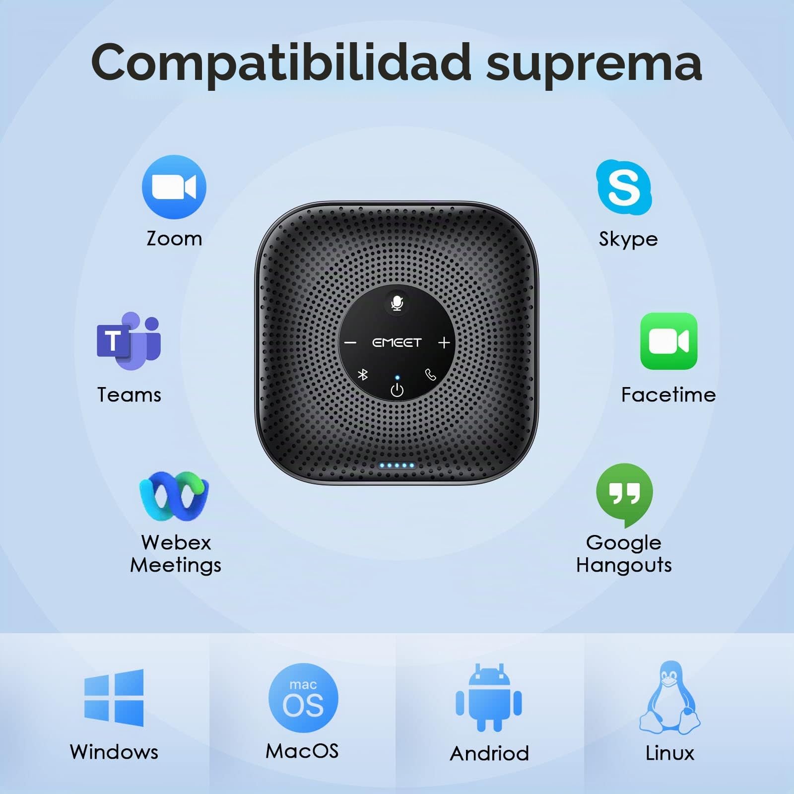EMEET Altavoz de conferencia M0 Plus, 4 micrófonos AI 360°, reducción de ruido, altavoz USB C, altavoz de conferencia Bluetooth para 8 personas con cadena de margaritas para 16 compatible con software