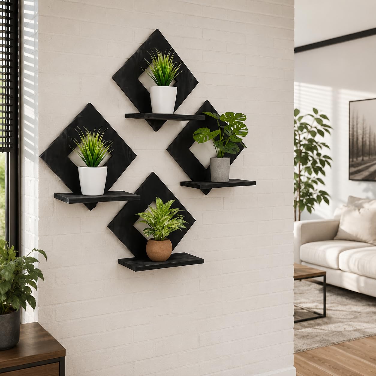 DUDI Enterprises Black Wooden Wall Shelf Set of 4 for Home Decor | Diamond Shape Floating Wall Shelves for Living Room Bedroom Office | Decorative Wall Mounted Display Rack for Plants & Showpieces-image-49