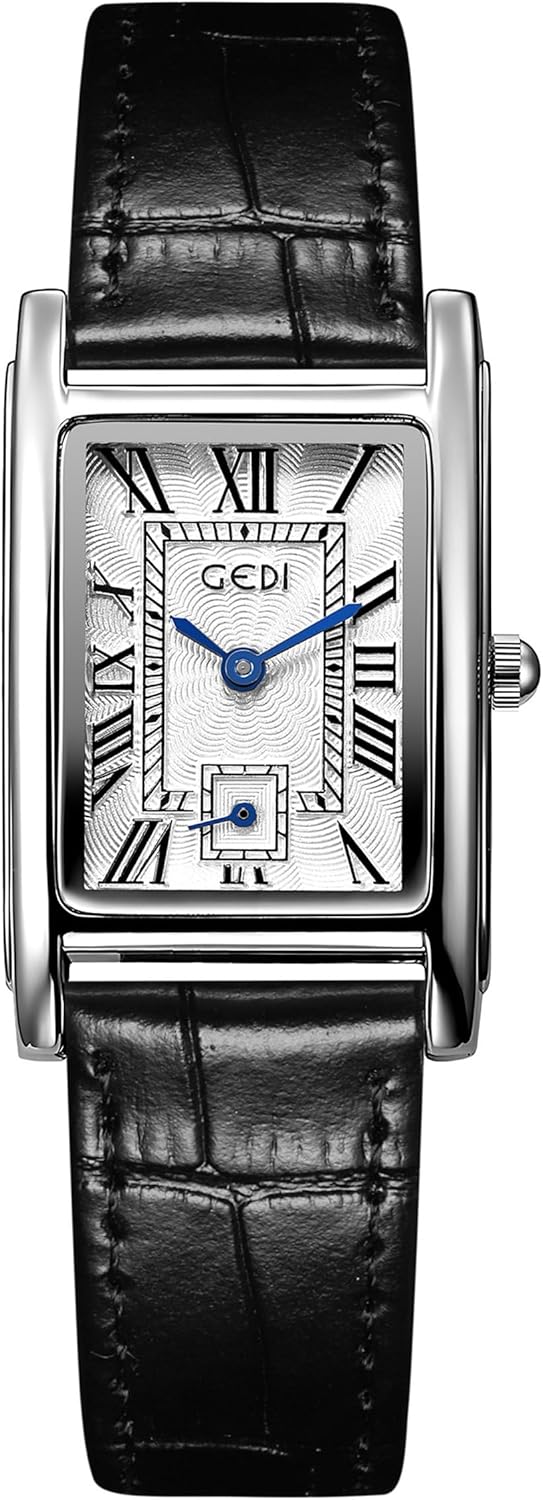 FANMIS Vintage Rectangular Women's Watch with black leather strap and silver case