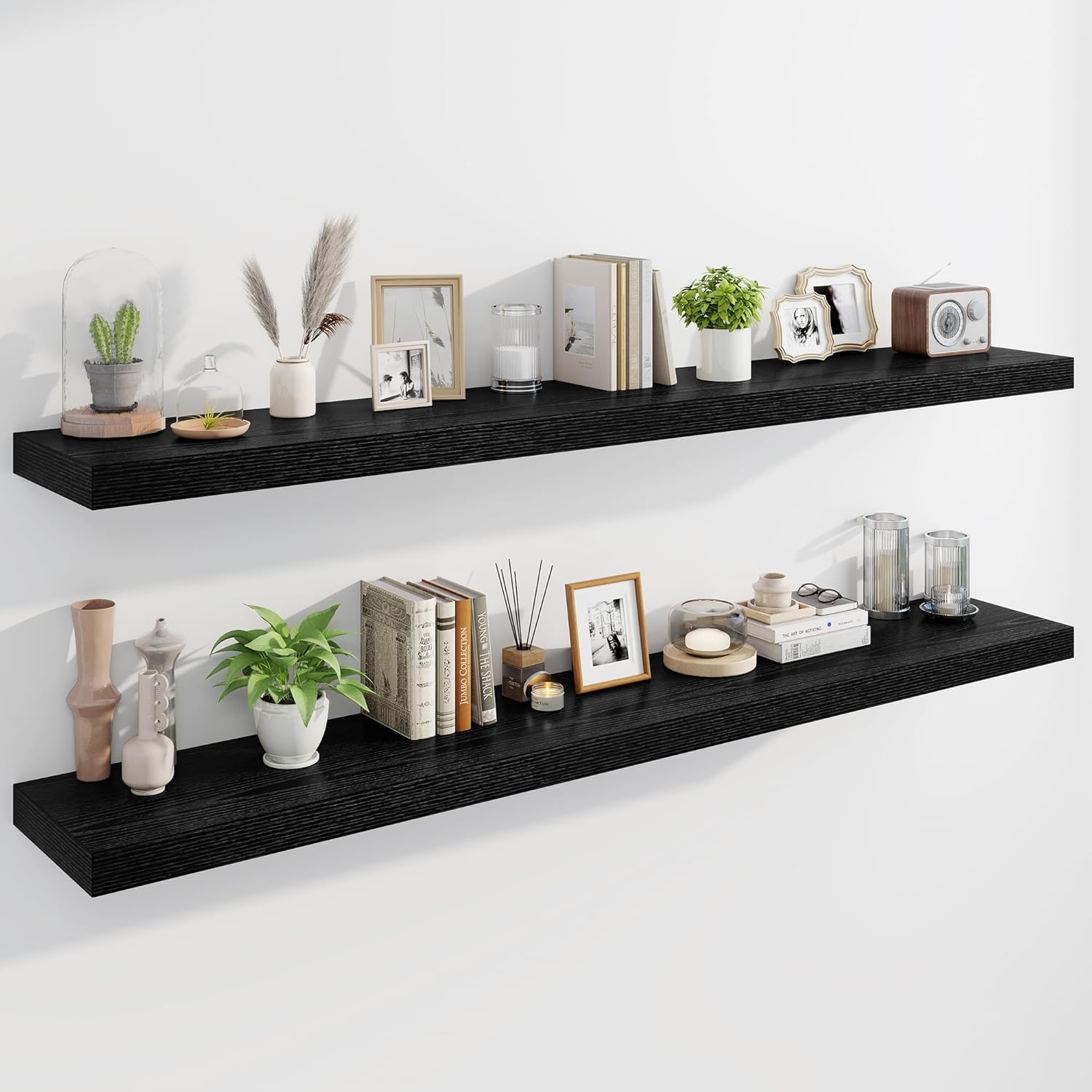 Marsmiles 72" Floating Shelves for Wall, Wooden Shelves with Invisible Brackets Set of 2, Rustic Farmhouse Wall Mounted Shelf for Kitchen Bathroom Living Room Study, Black Black 72"
