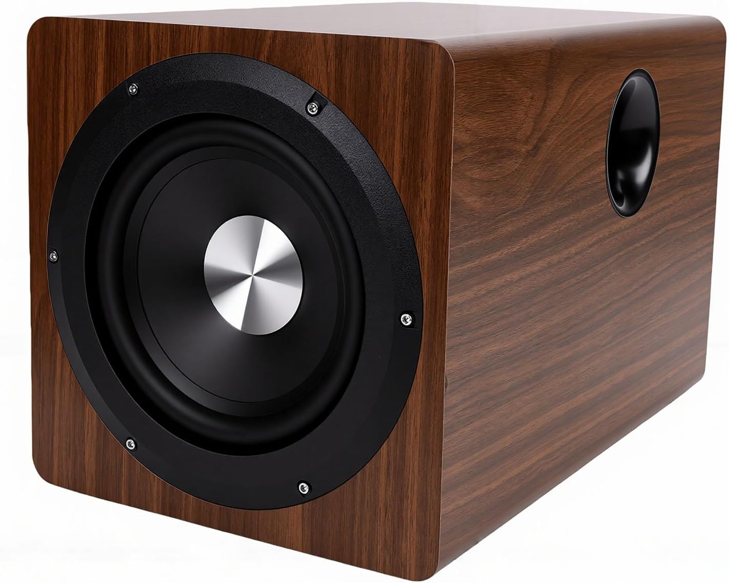 Fockety Powered Subwoofer, 6.5 Inch 100W Oak Color Independent Active Deep Bass Speaker with Sound Cable, Rounded Rectangle Design Theater Subwoofers for Home Music Production Gaming (US Plug)