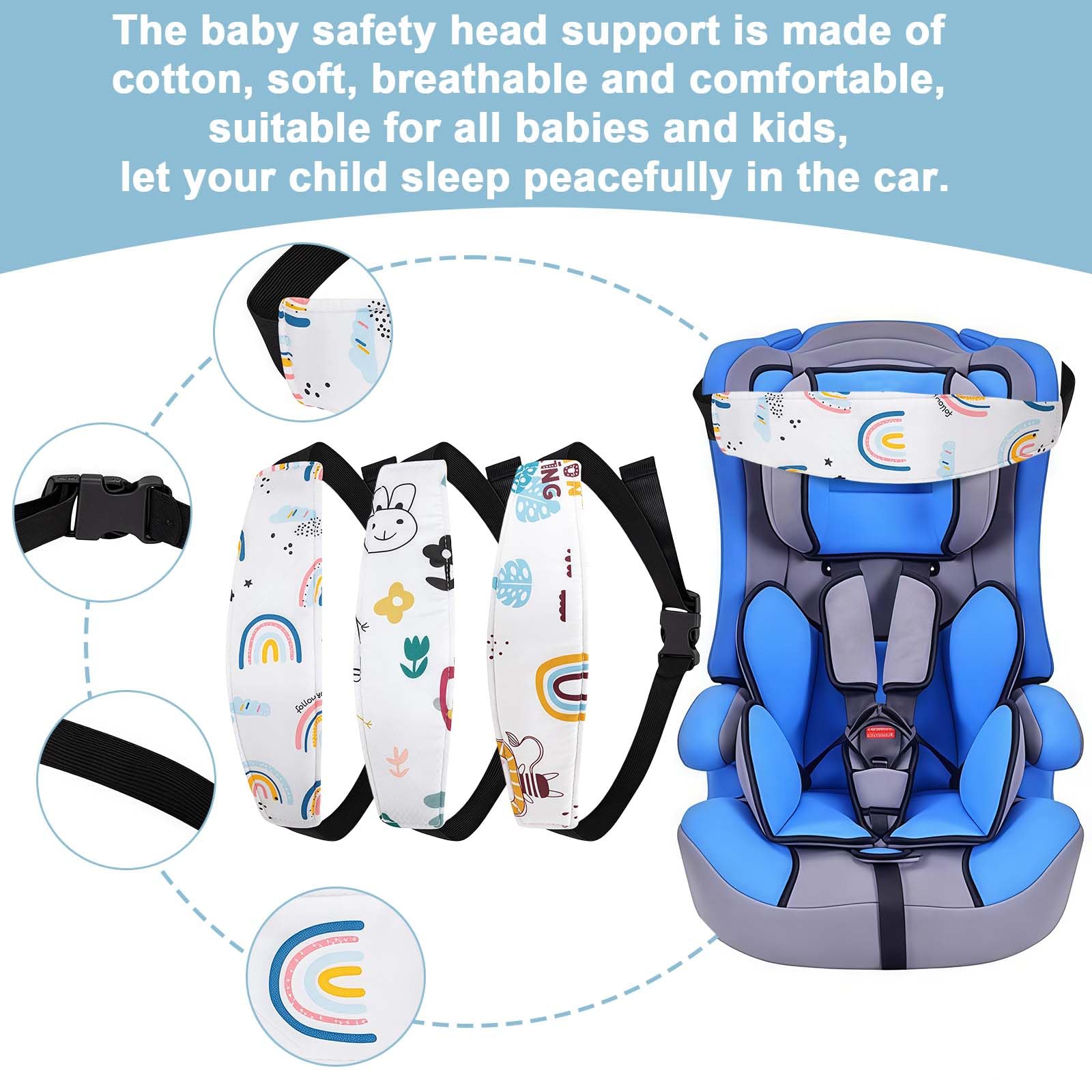 3 Poggiatesta per auto per bambini in cotone, accessori per seggiolino per bambini, fascia per la testa, regolabile, supporto per la testa per auto e passeggino