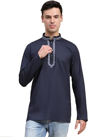 SKAVIJ Men's Cotton Short Kurta Shirt Round Neck Tunic Regular Fit