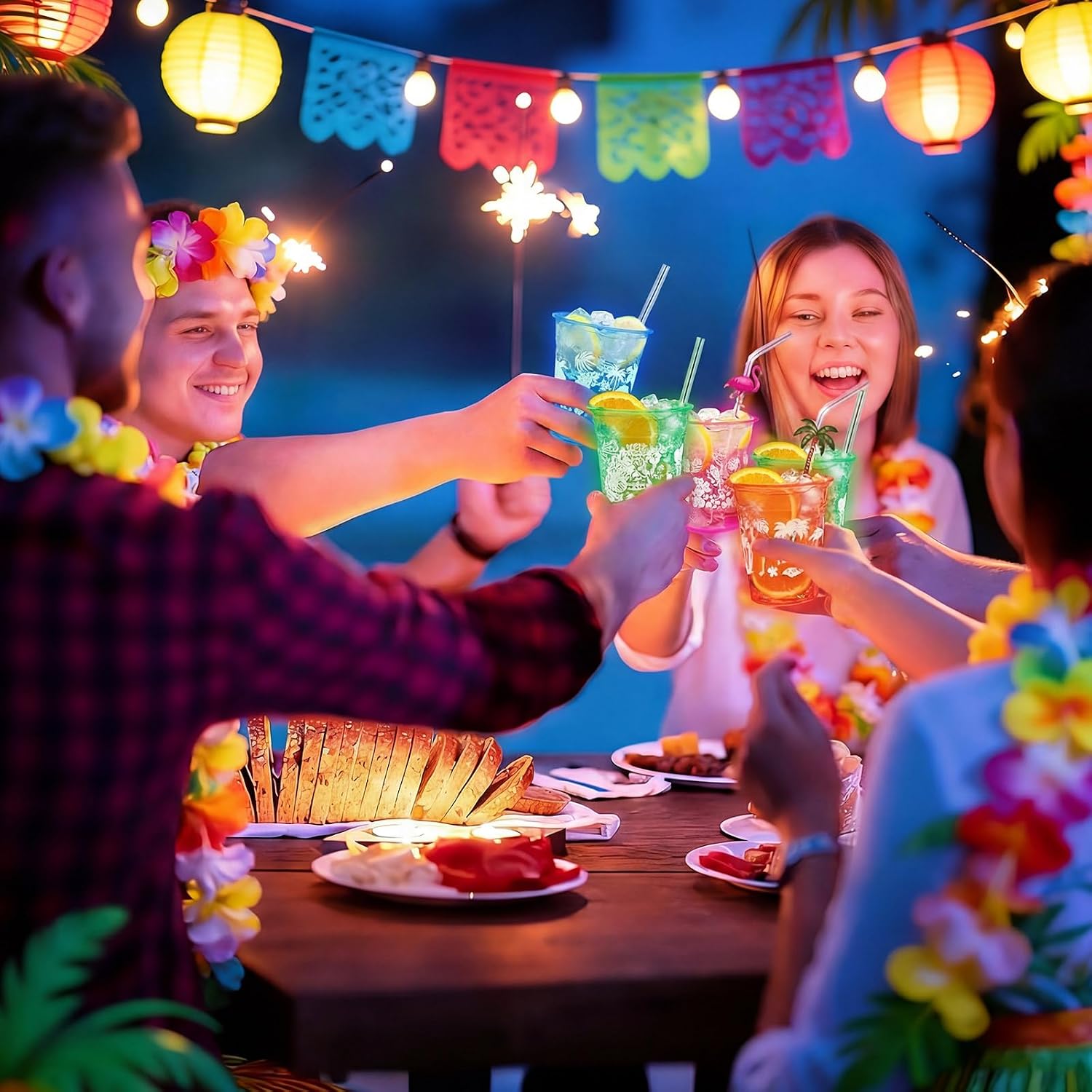 Remerry 100 Pack 12 oz Hawaiian Luau Glowing in The Dark Cups Disposable Plastic Luau Cups UV Light up Neon Tumbler Glowing in The Dark Party Decor for Hawaiian Beach Theme Birthday Summer Supplies