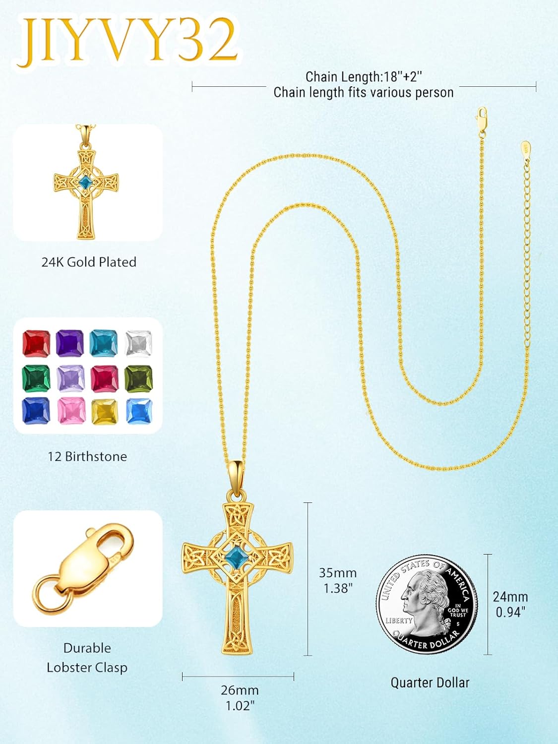 Valentine's Day Irish Jewelry Celtic Cross Necklaces for Women Anniversary Birthday Gift Protection Christian Cross with Square Birthstone - Image 4