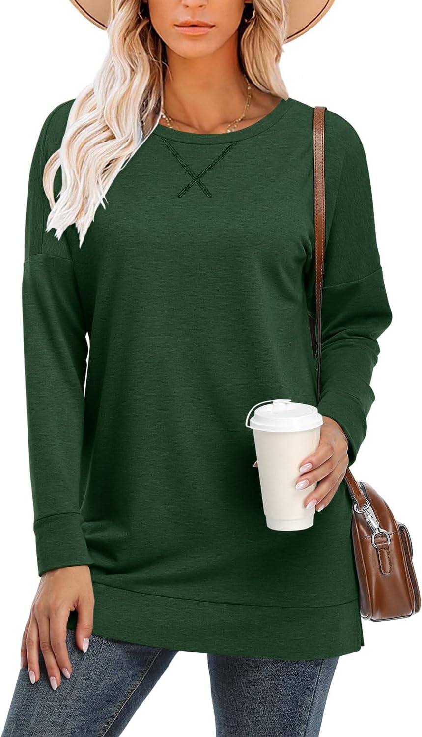 BETTE BOUTIK Women's Drop Long Sleeve Sweatshirts Casual Crewneck Tunic Tops Sweartshirts With Side Slits S-3XL - Image 2