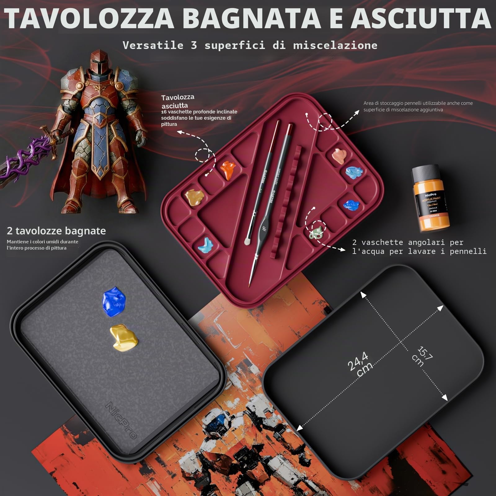Nicpro professionale per pittura, tavolozza per dipingere, 16 pennelli per dettagli, pennello asciutto, 100 fogli di carta per tavolozza, 4 spugne, wet palette salva-vernice per modelli in miniatura