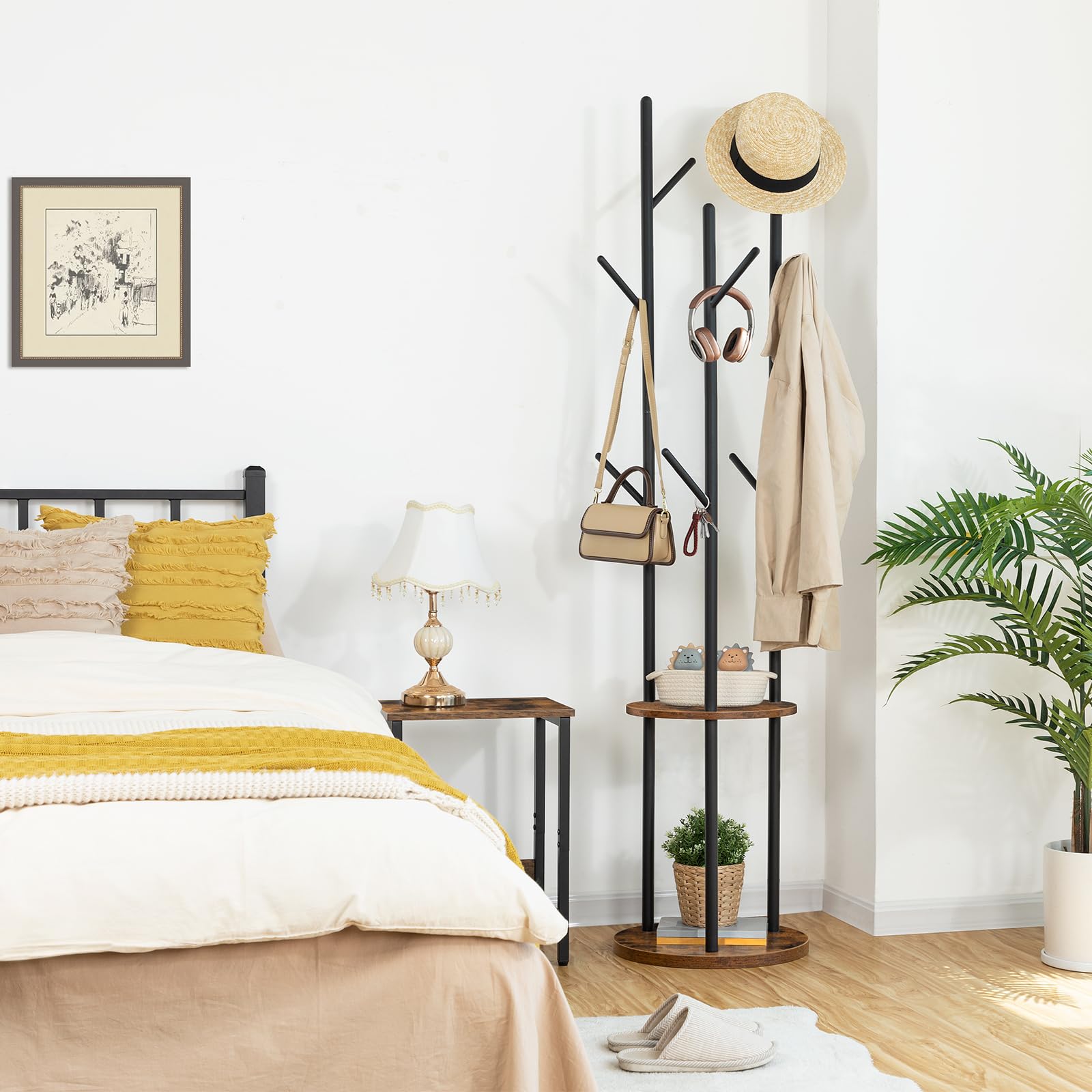 HOOBRO Garderobenständer, Freistehender Kleiderständer, Garderobe in Baumform mit 8 Haken, 2 Runde Ablagen, für Kleidung, Hut, Tasche, Wohnzimmer, Schlafzimmer, BüroDunkelbraun-Schwarz EBF33YM01G1