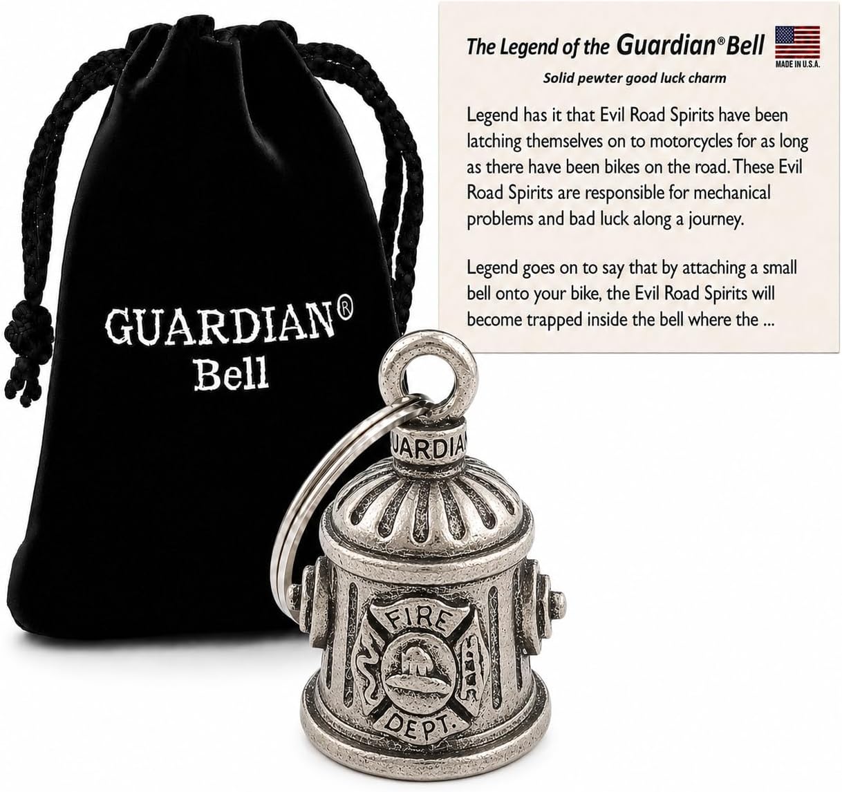 Guardian Bell Good Luck Bell w/Keyring & Black Velvet Bag | Motorcycle Bell | Lead-Free Pewter | Made in USA