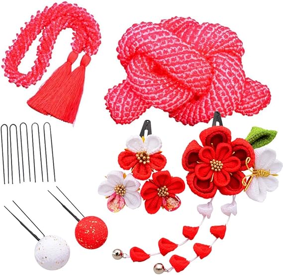 Amazon 七五三福袋 フルセット 牡丹に蝶 髪飾りかんざし2点セット ちりめん玉 チンコロ房付き かのこ のセット 着物 浴衣 通販