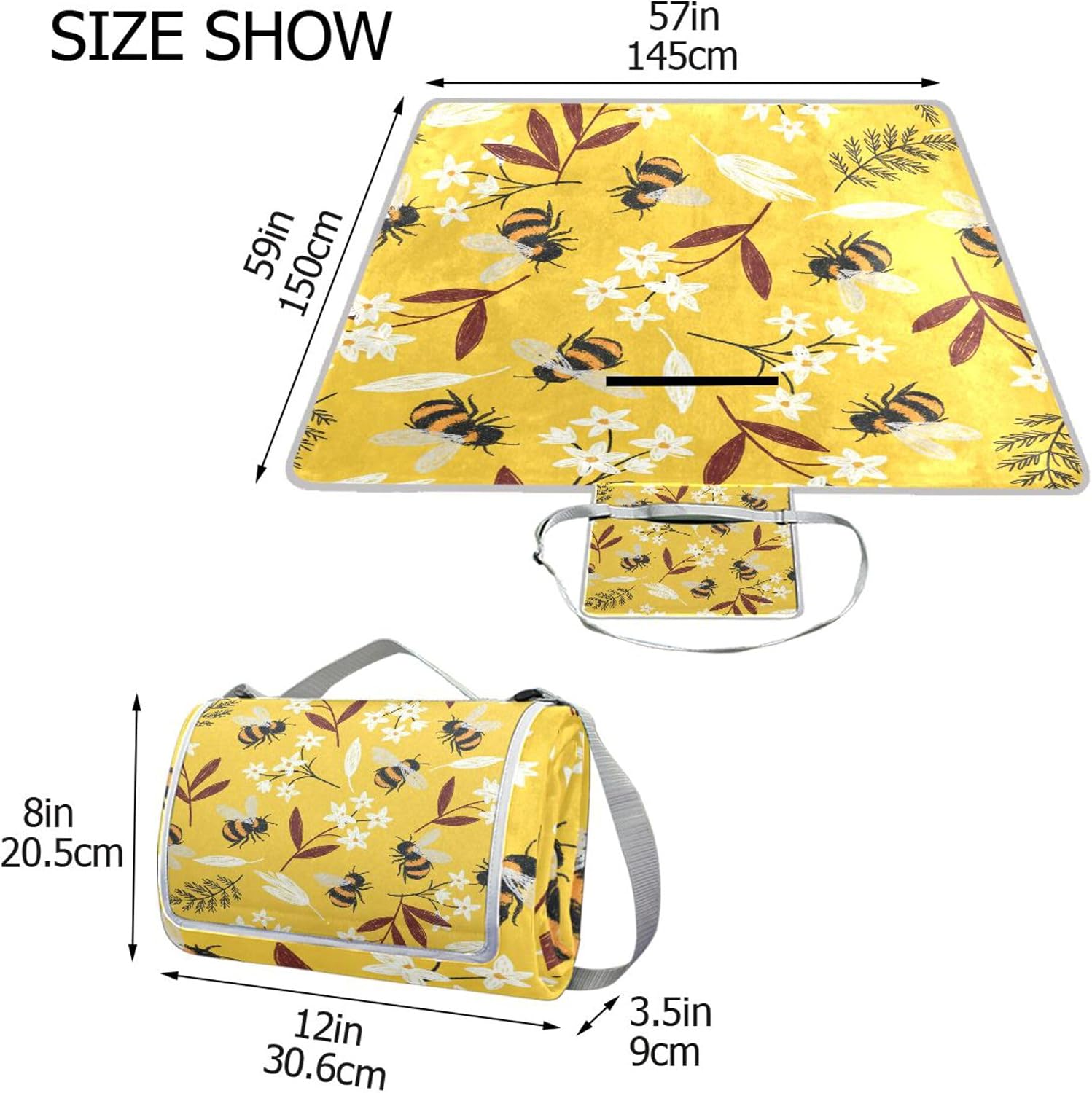 MNSRUU Picnic Blanket Waterproof Foldable, Spring Bee Floral Large Outdoor Picnic Beach Camping Blanket Travel Mat, Shoulder Strap Tote, Rectangle 57x59in