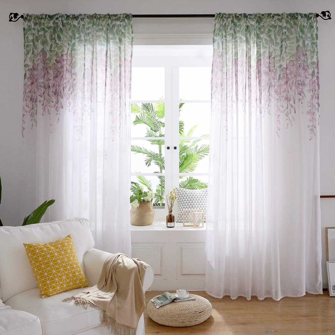 vctops Bohemian Flower Leaf Print Sheer Curatins Rod Pocket Botanical Pattern Voile Window Curtain 2 Panels for Bedroom Living Room, 78 x 106 Inch, Purple