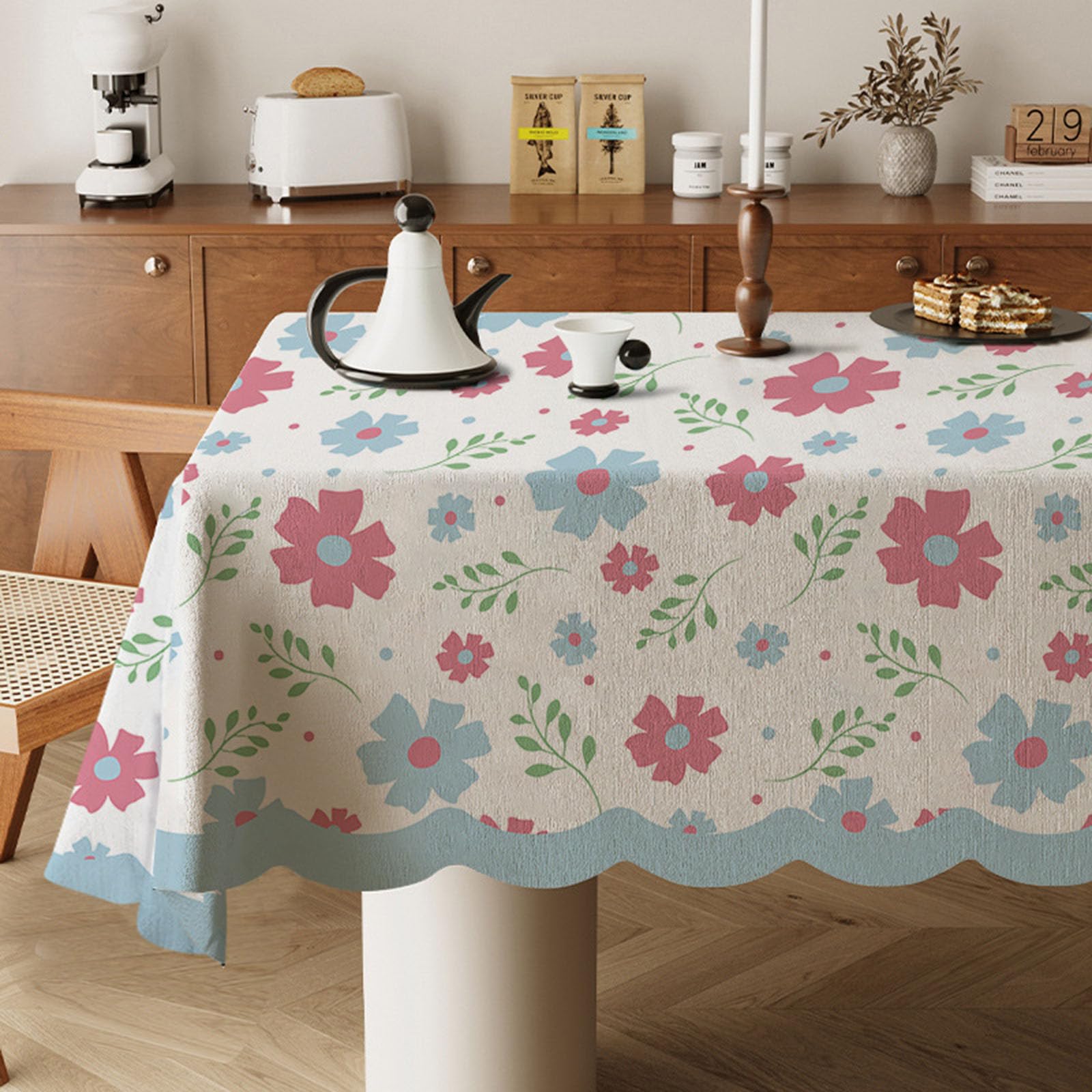 Odot Wipe Clean Tablecloths - Square, Stain Resistant Country Style Cotton and Linen Rectangular Table Cover for Kitchen, Dining, Coffee Table (Blue-Pink Flowers,140x240cm) โ image 1