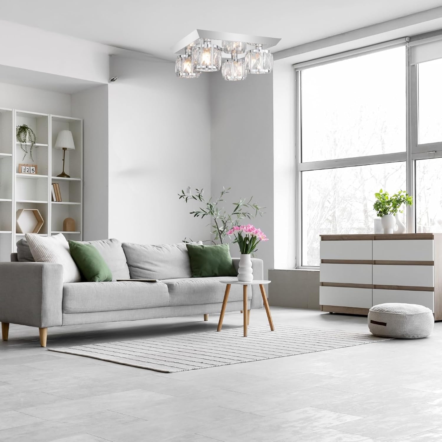 Luxury K9 Crystal Ceiling Light with Square Metal Canopy Chrome Finish, 4-Light Elegant Flush Mount Modern Chandelier for Living Room, Bedroom, Kitchen, Bathroom G9 Base Bulb Not Included