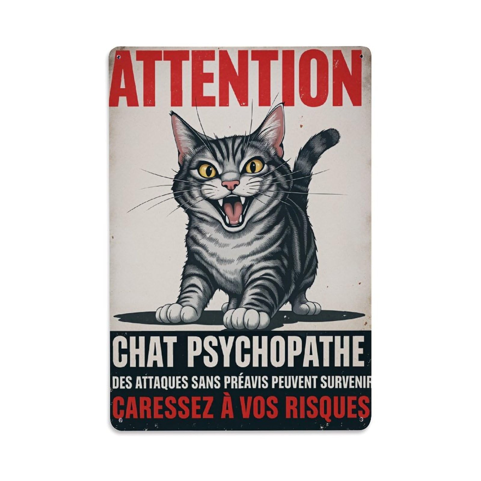 Enderetf Vintage Attention Cat Psychopath Warning Sign Tin Sign Metal Poster, Home Bar Garage Man Cave Cafe Indoor & Outdoor Wall Decoration 8X12inches