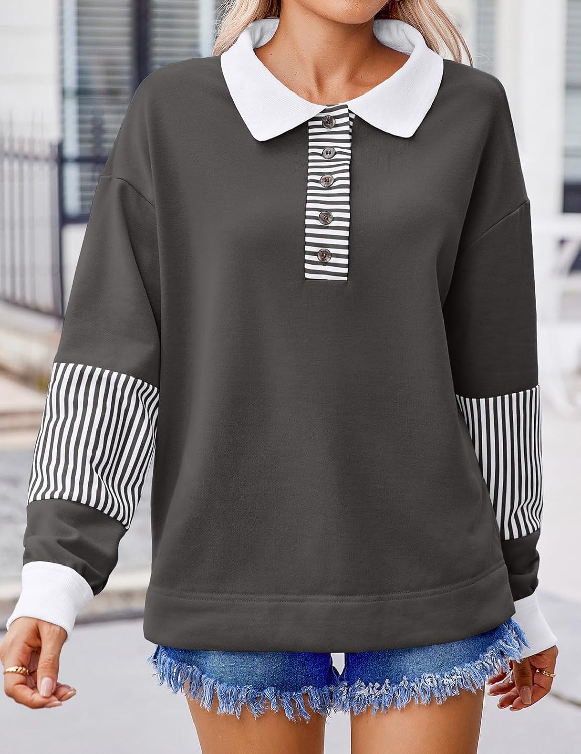 Zeagoo Womens Sweatshirt Henley V Neck Button Down Shirts Color Block Blouses Pullover 2025 Fall Business Casual Outfits - Image 2