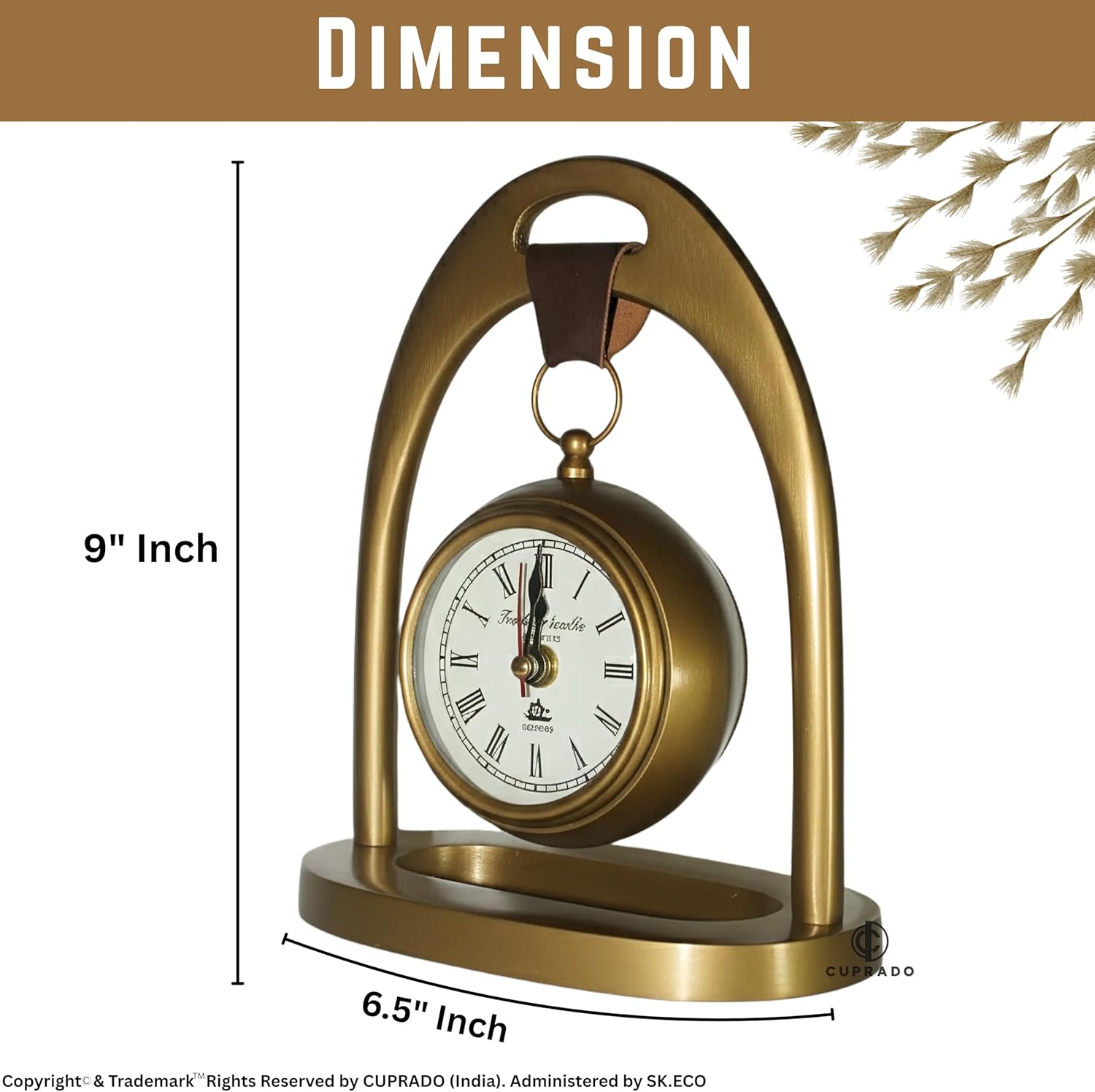 Antique Brass Table Clock with Leather Handle | Vintage Roman Numeral Dial, Decorative Mantel & Desk Clock | Elegant Home & Office Décor Gift