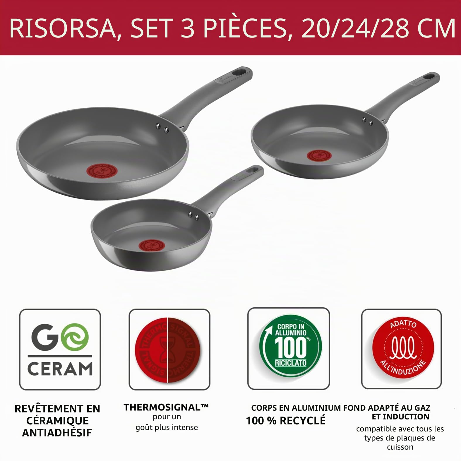 Lagostina Ressource, Set de poêles antiadhésives, 3 poêles 20, 24 et 28 cm avec revêtement en céramique, poêles antiadhésives compatibles avec gaz et induction, technologie thermosignal et cuisson