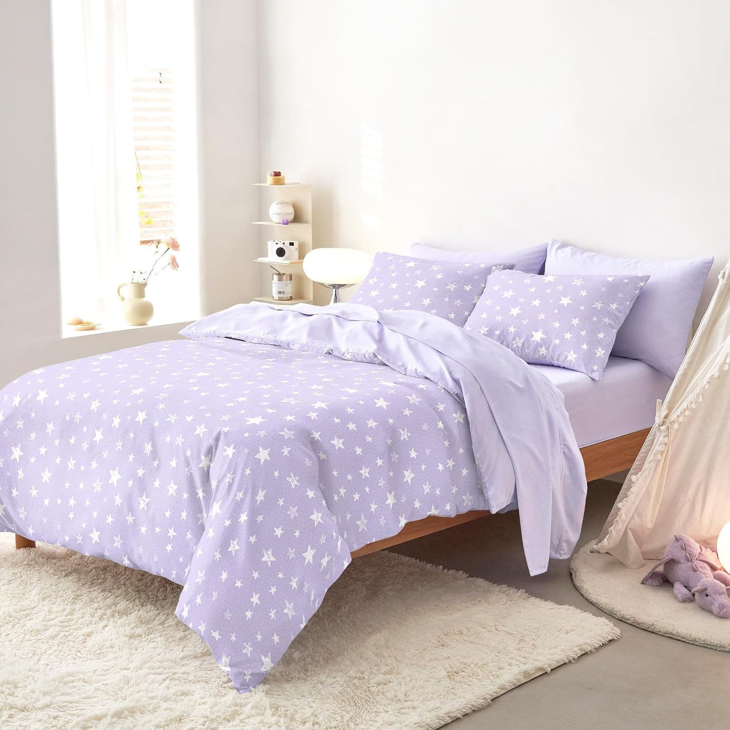 Wake In Cloud - Star Bedding Set for Boys Girls, Cute Stars Polka Dot, Soft Lightweight Comforter Set with Sheets, 5 Pieces Kids Bed in a Bag, Light Purple, Twin Size