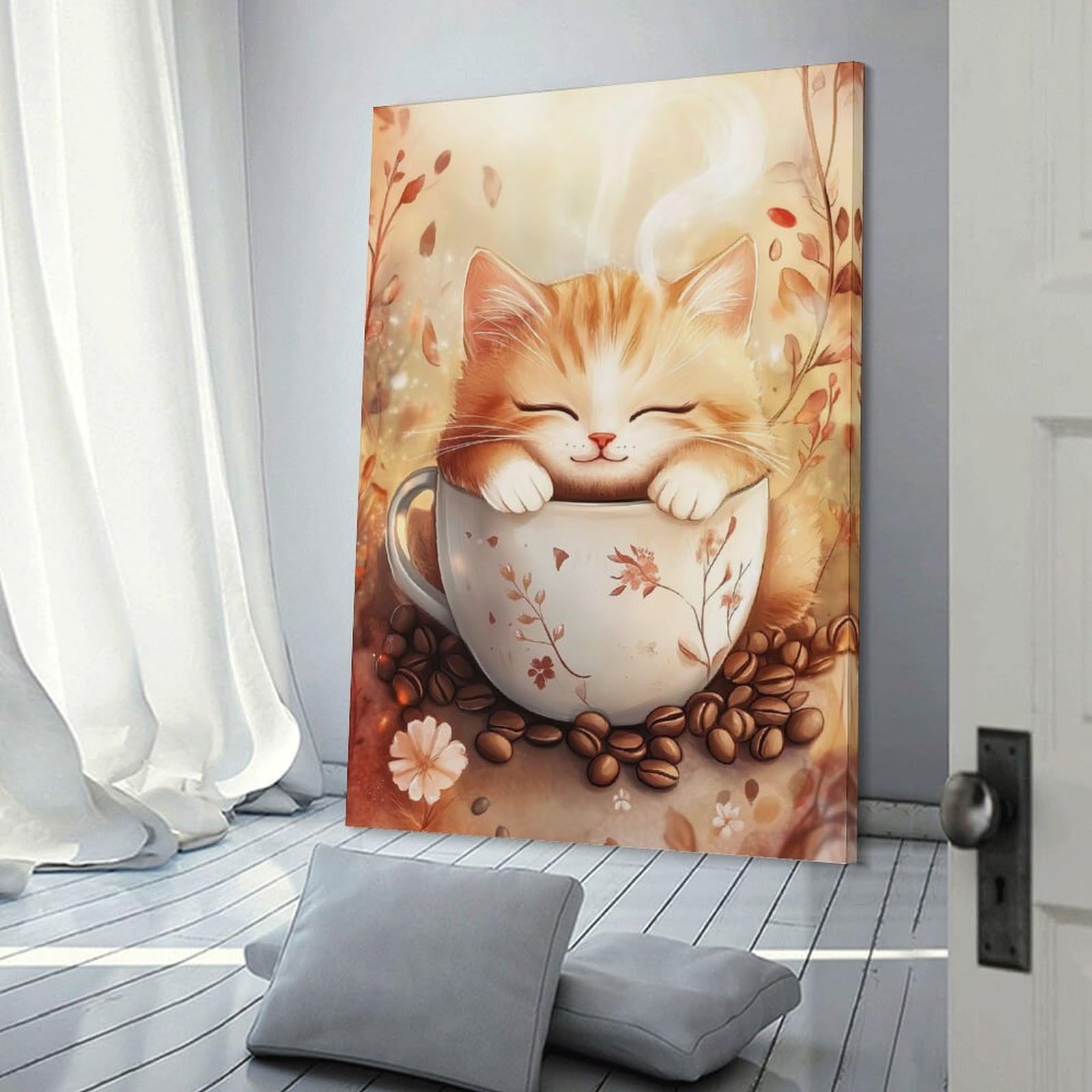 Junmoney Frame-Style-2 Wall Picture Print Cute Kitten In Coffee Cup, 24X36inch(60X90cm), For Workspace Walls, Study Corners Or Bedrooms, A Smart Decor Choice For Study Walls
