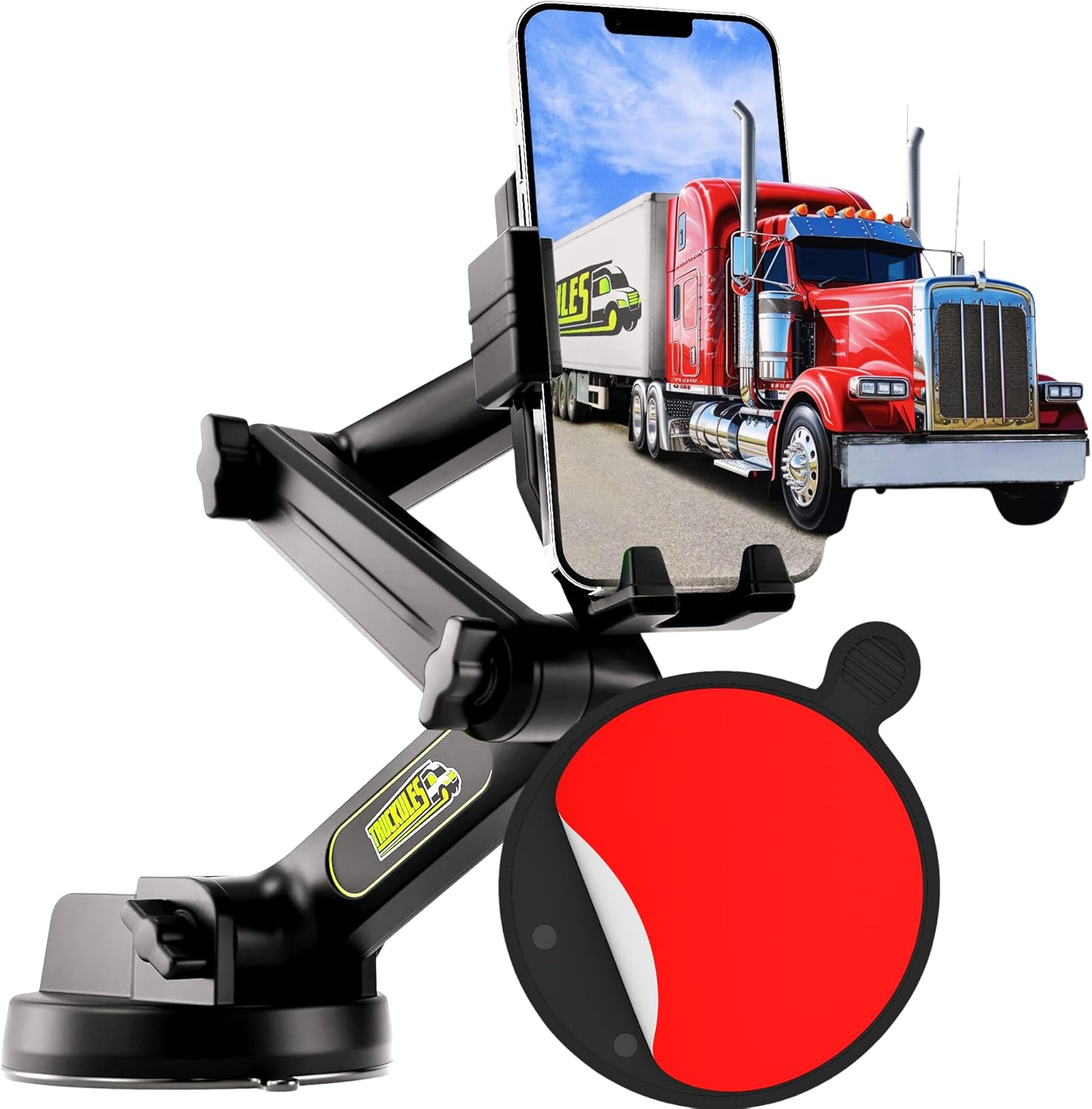 Cell Phone Mount for Truck Phone Holder for Truck Drivers - Heavy Duty Suction Cup + Dashboard Pad, iPhone Holder for Dashboard Window 16.9 inch Long, for iPhone & Samsung, Big Rig Trucker, Black
