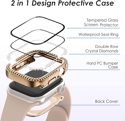 Miniatura 4 de Funda delantera y trasera, 2 en 1, impermeable, 360, de policarbonato y protector de pantalla de vidrio para iWatch SE, 6, 5 y 4 de 40mm, doble fila