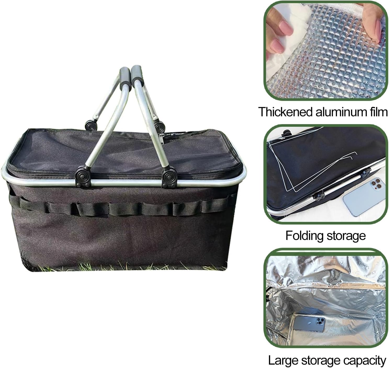 Outdoor Foldable Picnic Basket, Large Capacity Storage Basket, Long-Lasting Heat Preservation, Travel Essential(Green)