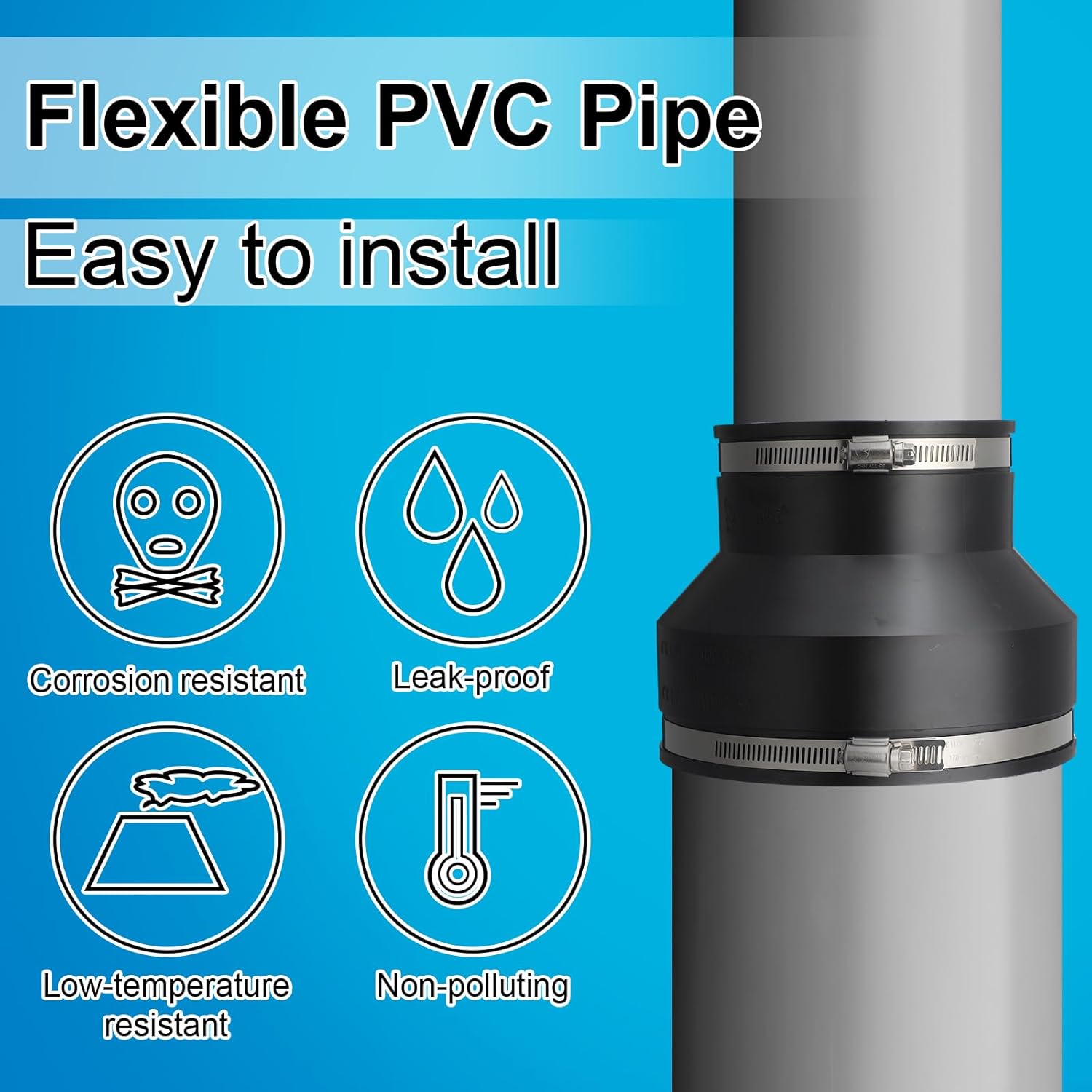 2 Pcs 6" x 4" Flexible PVC Reducing Pipe Coupling with Stainless Steel Clamps Fits for DWV Pipes, Cast Iron, Plastic, Copper, Steel Plumbing Connections
