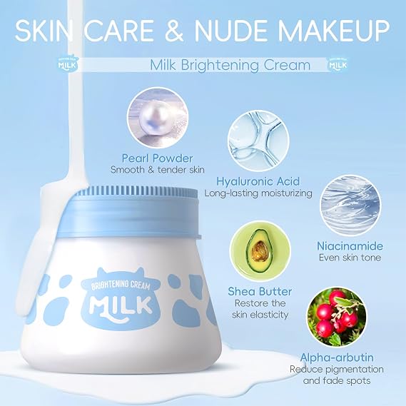 Milk Skin Care Sets&Kits, Milk Skincare Set, Beauty Gift Sets for Teenage Girls, Skincare Set with serum, toner, cleanser, eye cream, sunscreen, brightenng cream, exfoliating scrub, washbag (8pcs)