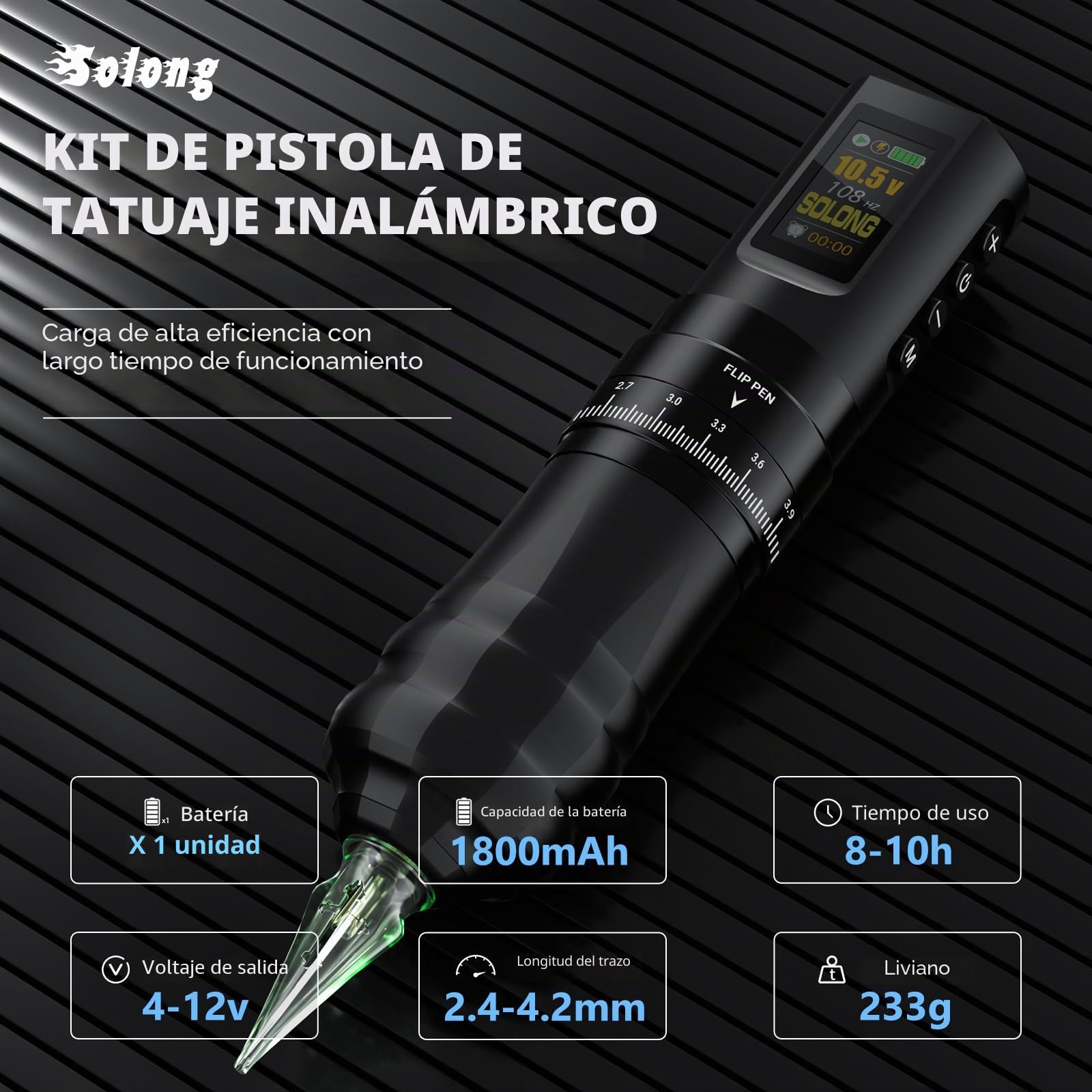 Kit máquina tatuaje Solong Set Profi, rotativa inalámbrica 1800mAh, LCD, 40 agujas, 8 tintas, ideal para principiantes y artistas, modelo SLE96EN01SEU-1