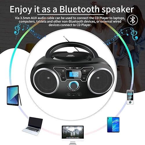 Miniatura 3 de Reproductor de CD de radio portátil Boombox con Bluetooth y radio FM, puerto USB, entrada AUX, conector para auriculares, reproductor de CD compacto