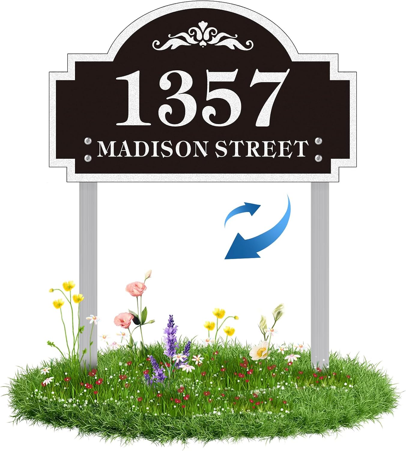 Reflective Address Sign Lawn Mounted - 12'' x 7'' Personalized Address Plaque Plate,House Number Sign for Lawn,Yard,Ground,Garden Metal Ultra Clear 911 Visible with Long Stakes