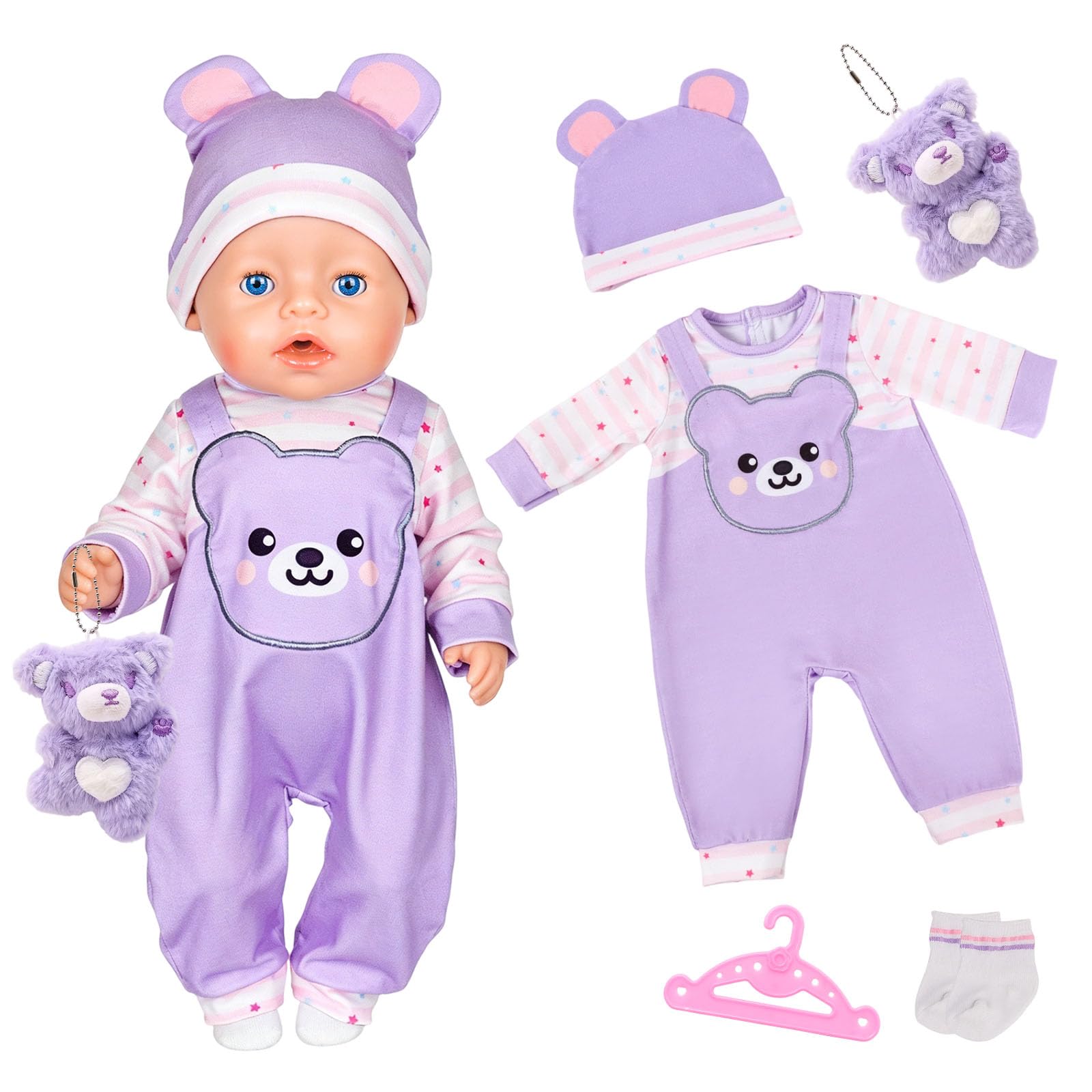 Baby Doll Clothes for 14-18 Inch Reborn Baby Doll 30-45cm,5 Pcs Sweet Bear Doll Clothing Accessories Include Purple Overalls with Hat Socks Coat Hangers Cute Bear Keychain, Gift for Girls Birthday