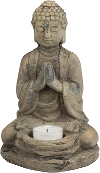 Biedermann & Sons Stone Buddha Tea Light Candle Holder 6" W x 8" H Zen Meditation Statue, Light Gray with Gold Accents Tealight Decor for Yoga Room, Altar, Spa, Feng Shui Home Gift