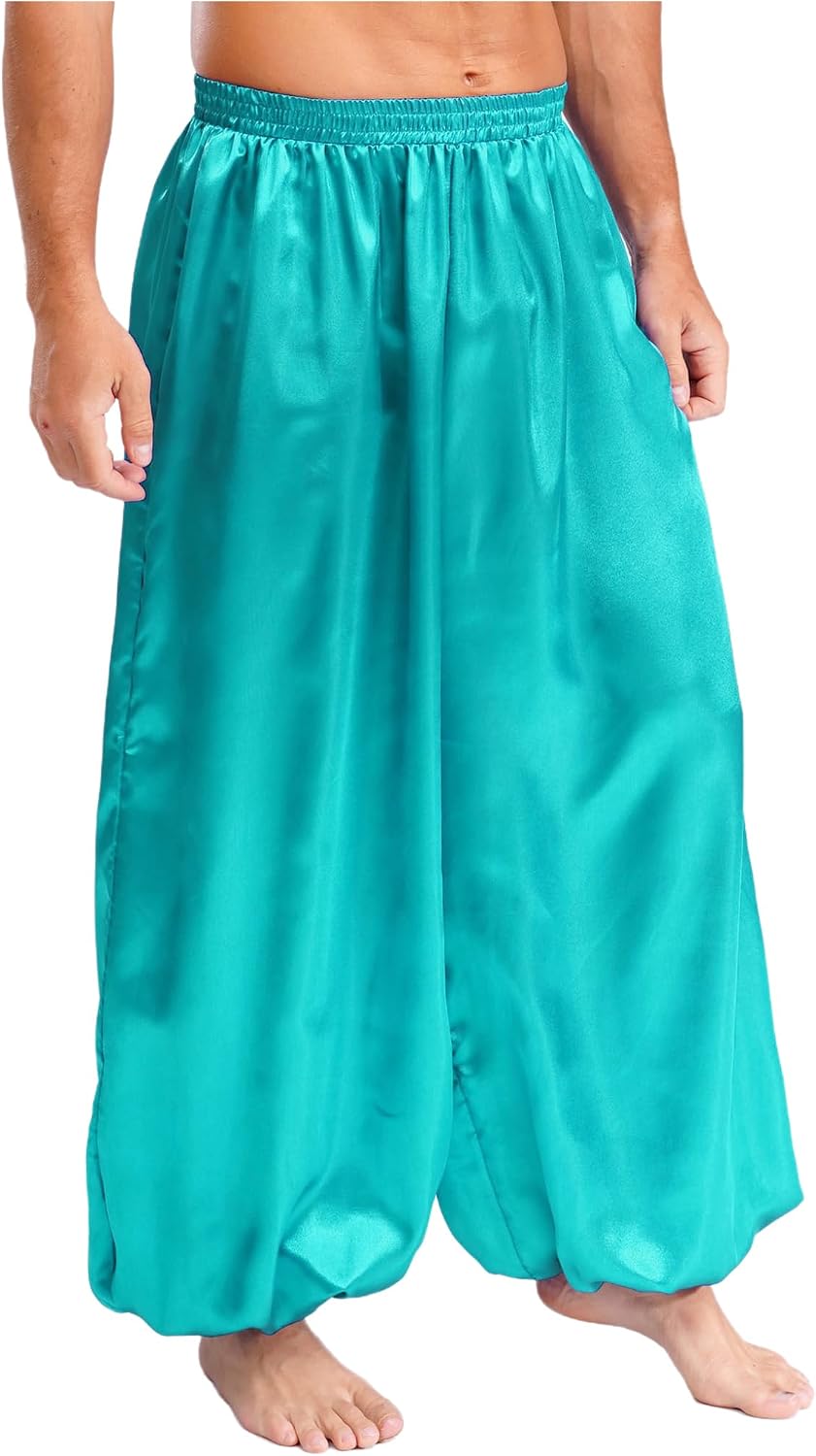 Men's Belly Dance Pants Costumes Loose Fit Casual Satin Long Bloomers Pants for Theme Party