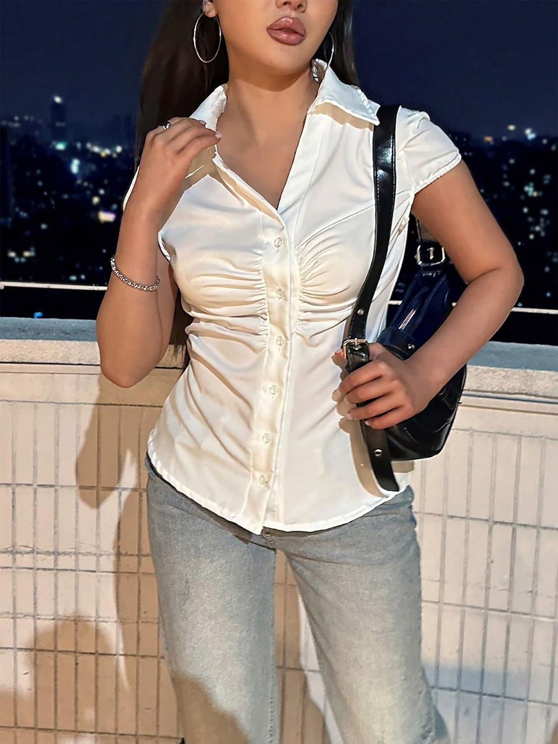 Button Down Short Sleeve Shirt With Pleats Short Sleeve Tops Trendy Blouse Shirts Tops