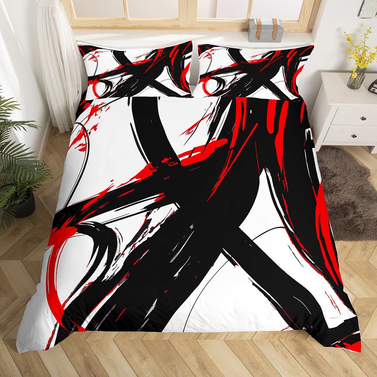Loussiesd Abstract Art Bedding Set Single Size Kids Red Black Modern Geometric Print for Boys Girls Teens Minimalist Ink Line Duvet Cover Soft Microfiber