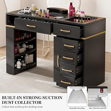 Paddie Manicure Table with Dust Collector, Glass Top Nail Tech Table Nail Desk Station w/7 Storage Drawers & 3-Tiers Open Shelves, Nail Beauty Workstation w/Wrist Cushion & Golden Handles(Black)