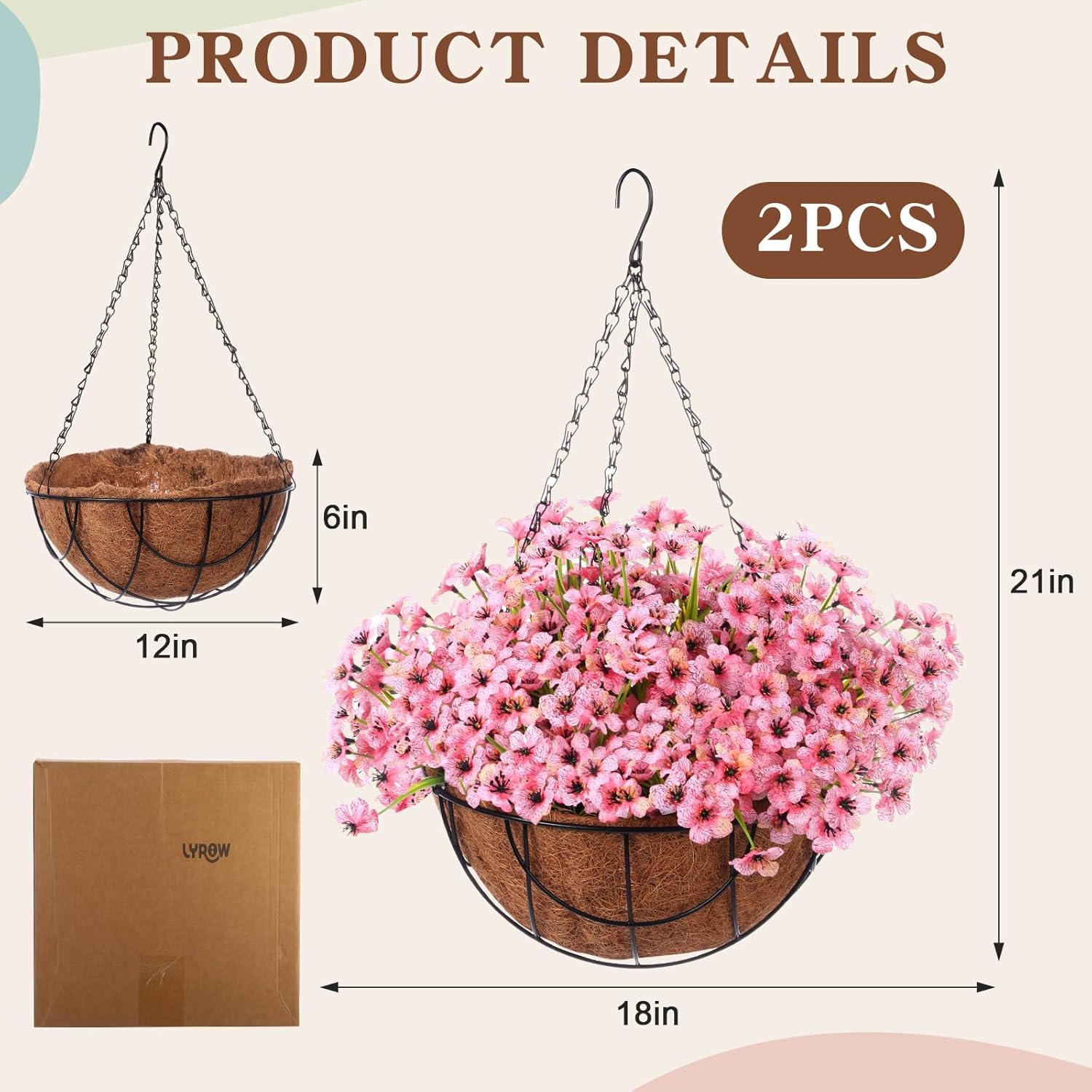 Artificial Spring Hanging Flowers in Basket for Home Decoration Faux Orchid Arrangement Porch Plants Coconut Lining Basket for Autumn Courtyard Decor(Pink, 2 Pack)