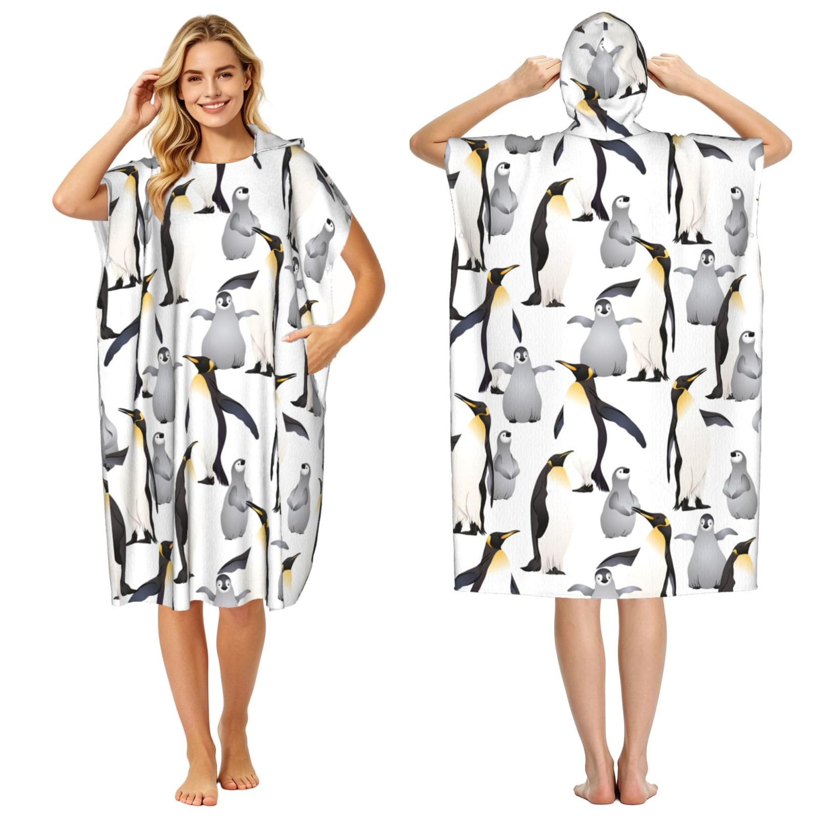 Poadnly Penguins, Adult Hooded Beach Towel 90 x 110 cm,Changing Bath Robe, Surf Poncho Towel For Women Men