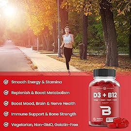 NutraChamps Vitamin D3 & B12, Methyl B12 Gummies for Adults & Kids, Enhanced with Vitamin D 3 & B9 Vitamin Folate, Natural Energy, Mood, Metabolism & Focus, Raspberry, 120 Gummies (Pack of 2)