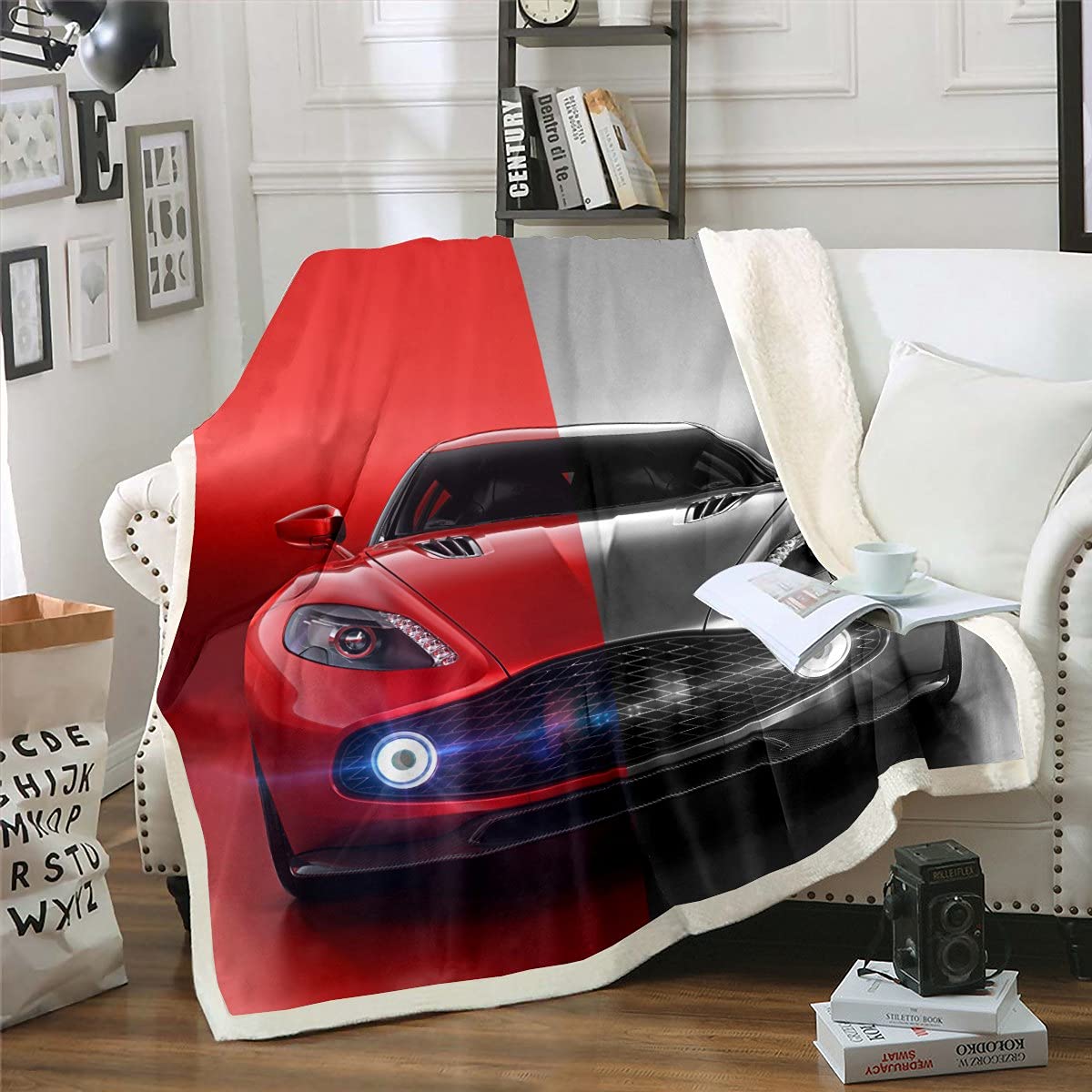 Manta de forro polar para coche, color rojo y gris, para niños, adolescentes, deportes extremos, mantas y mantas de felpa para coche de carrera, tamaño King, 87 x 94 pulgadas