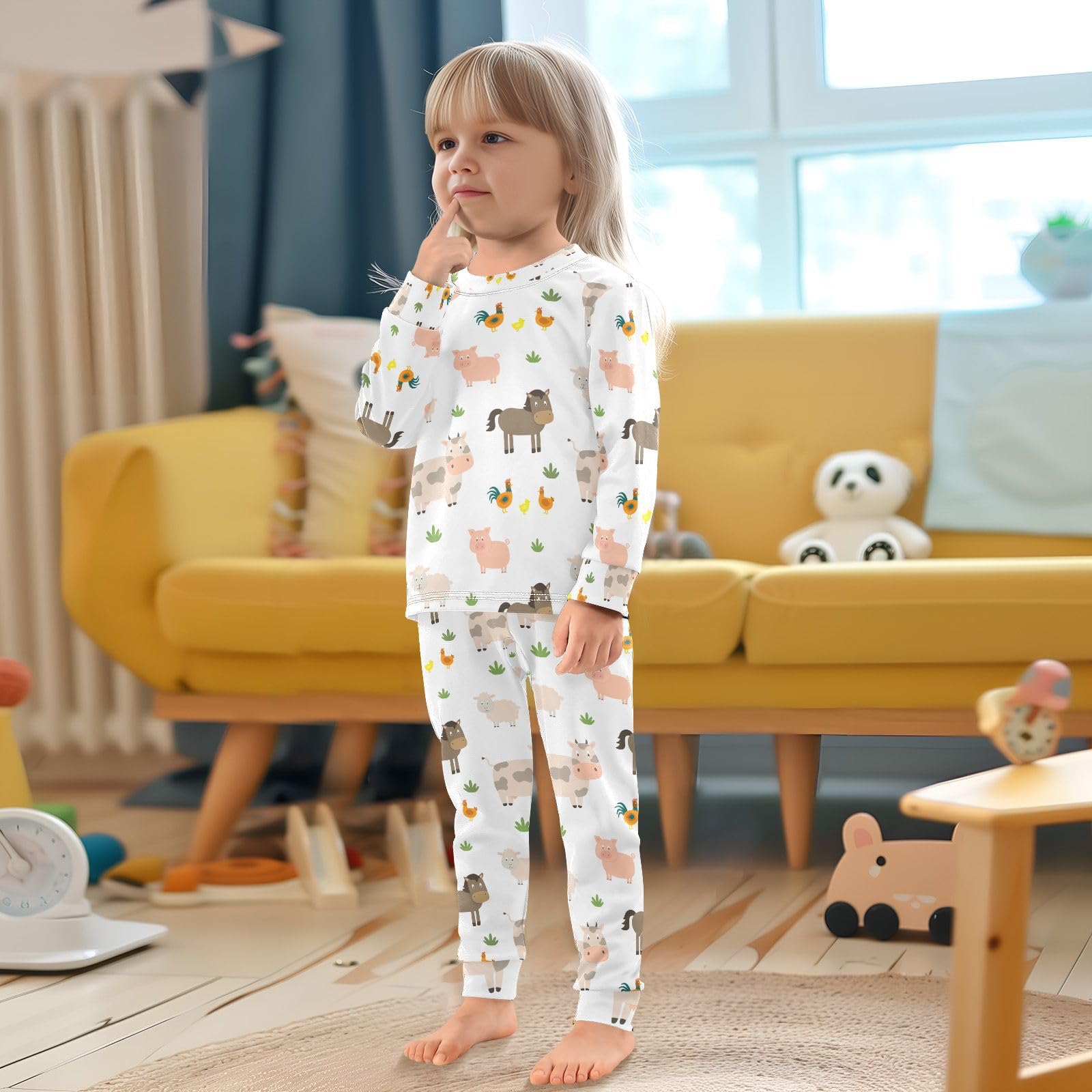 Mnsruu Pigiama per bambini disegnato a mano con animali della fattoria con top e pantaloni a maniche lunghe, comodo pigiama in cotone per ragazzi e ragazze, pigiama unisex, 18 M