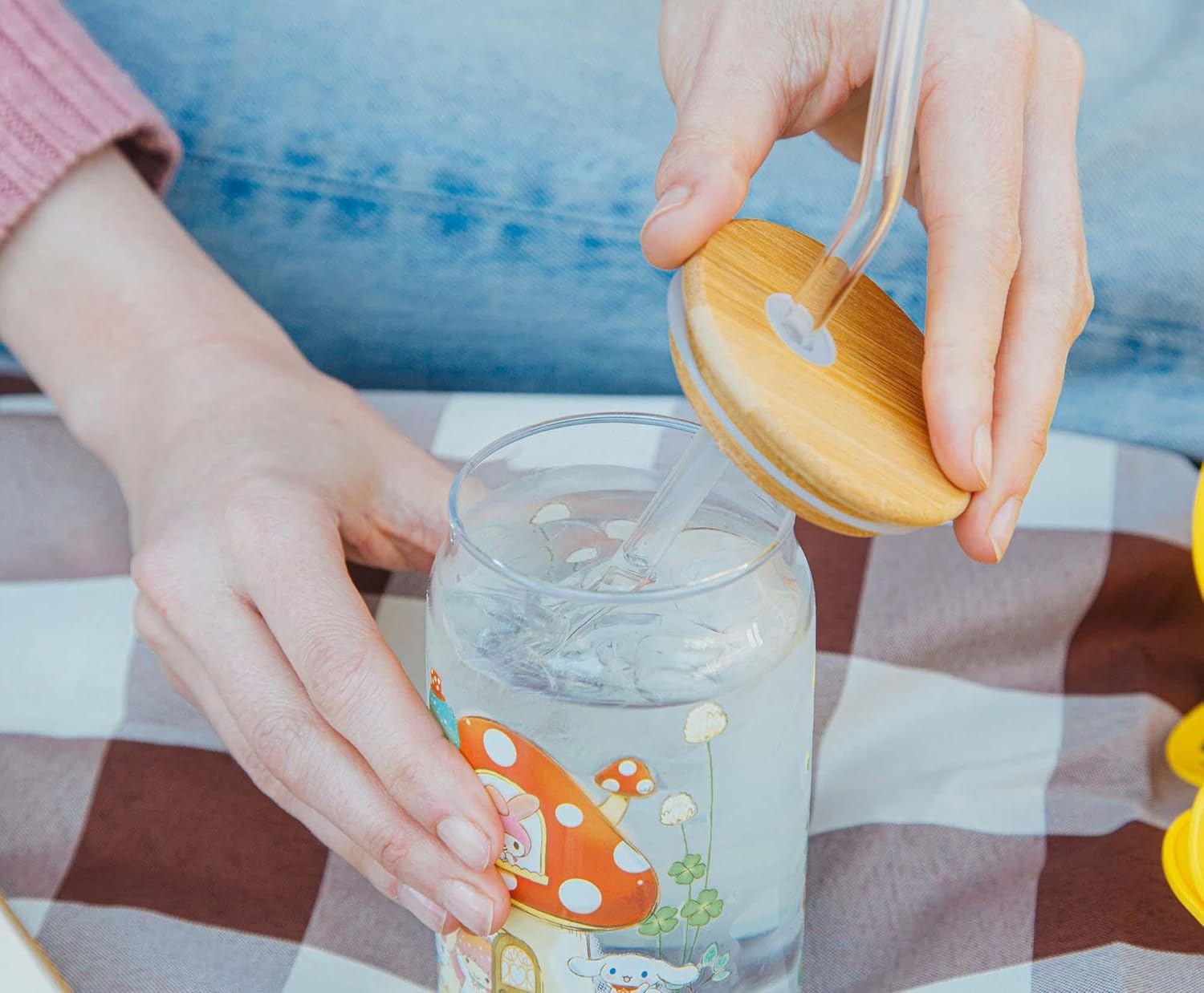 Silver Buffalo Sanrio Hello Kitty and Friends Mushroom Crew Glass Tumbler With Bamboo Lid and Reusable Glass Straw | Holds 16 Ounces - Image 6