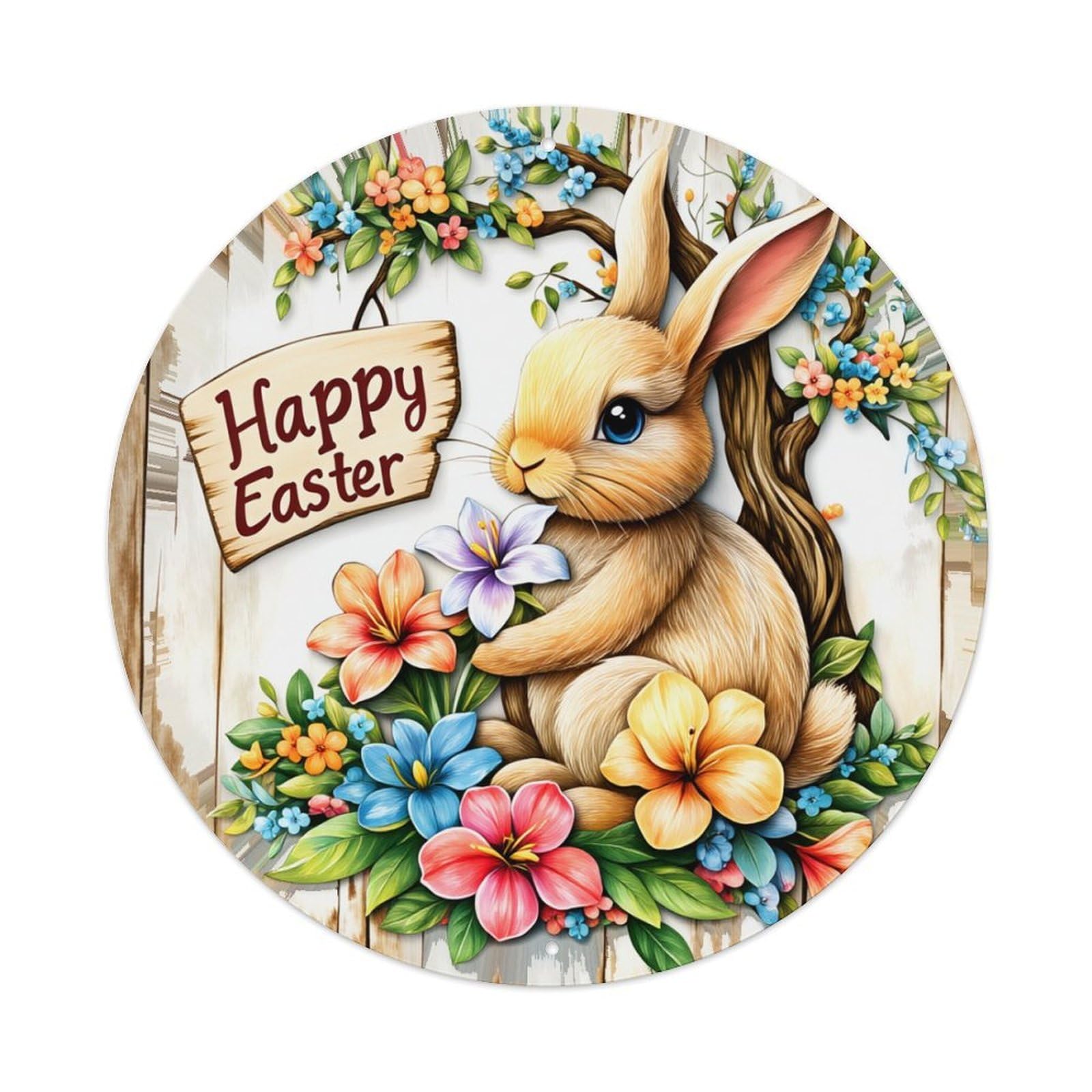 Easter Bunny Floral Wood Sign Round Tin Sign Retro Metal Sign for Cafe Bar Pub Home Game Room Gym Club Wall Decoration Vintage Metal Poster 8x8 Inch