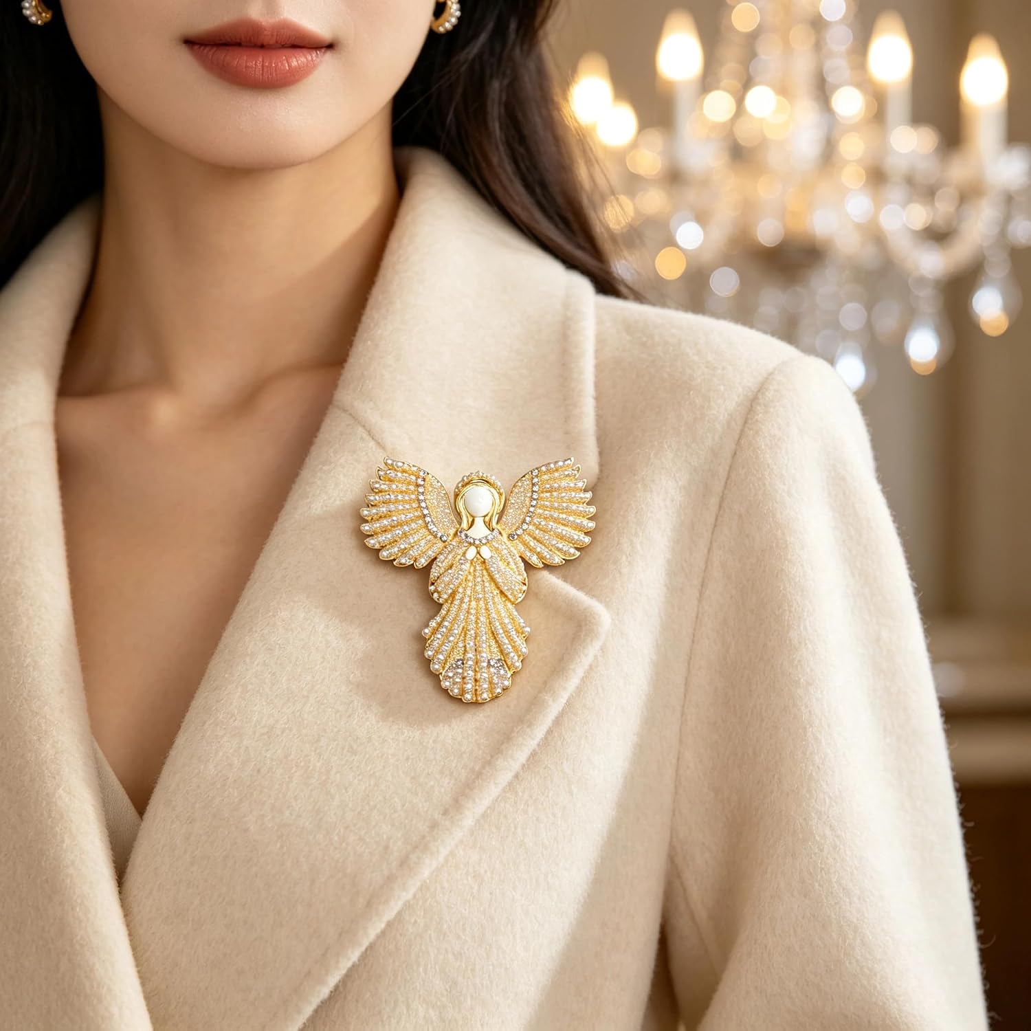 Angel Lapel Pins for Women, Pearl Angel Brooch Gold Crystal | Elegant Brooches Pins for Clothes Dresses Scarves,Vintage,Gift for Women